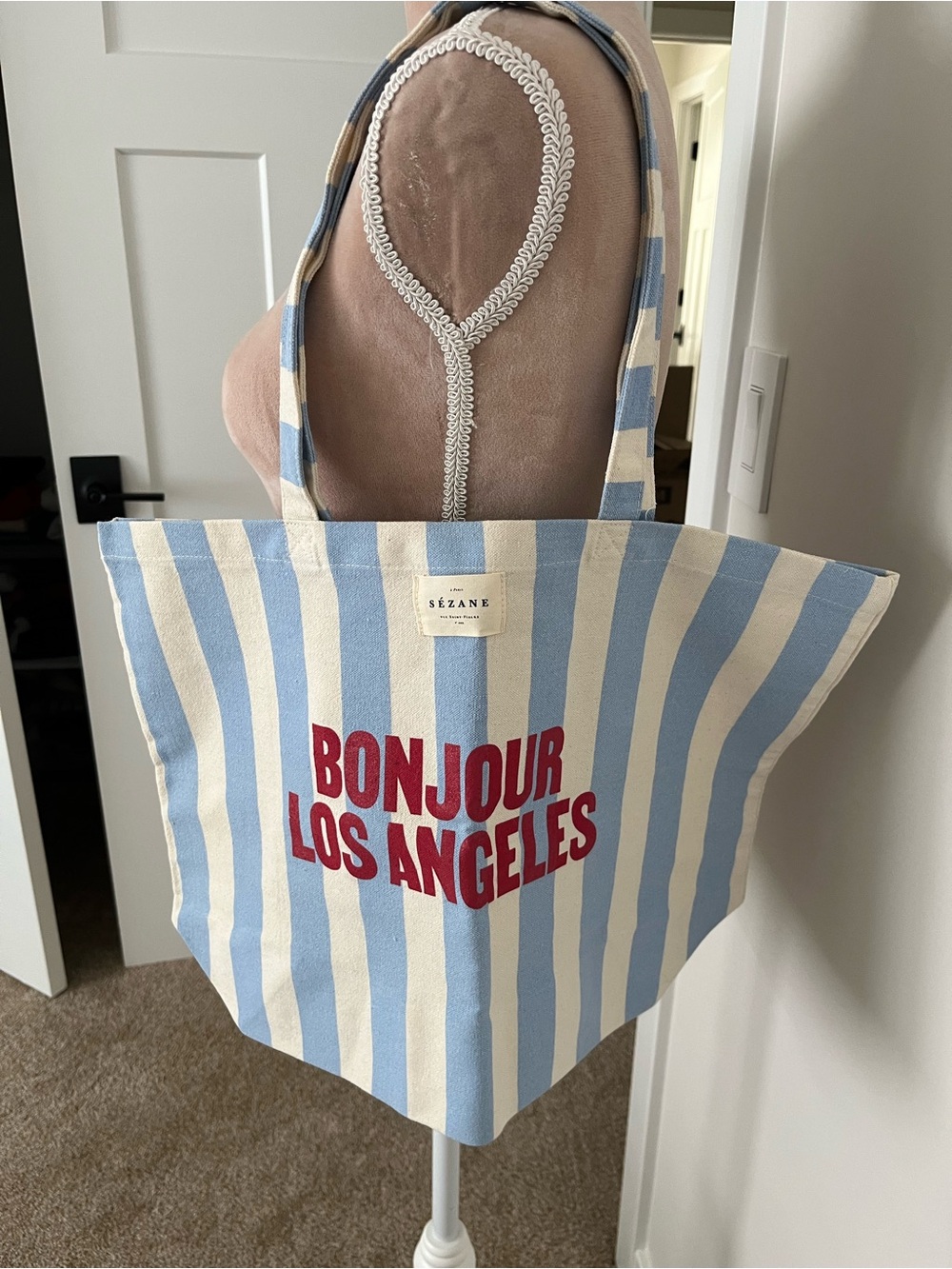 Sezane Blue, White & Red 'Bonjour Los Angeles' Stripe Tote